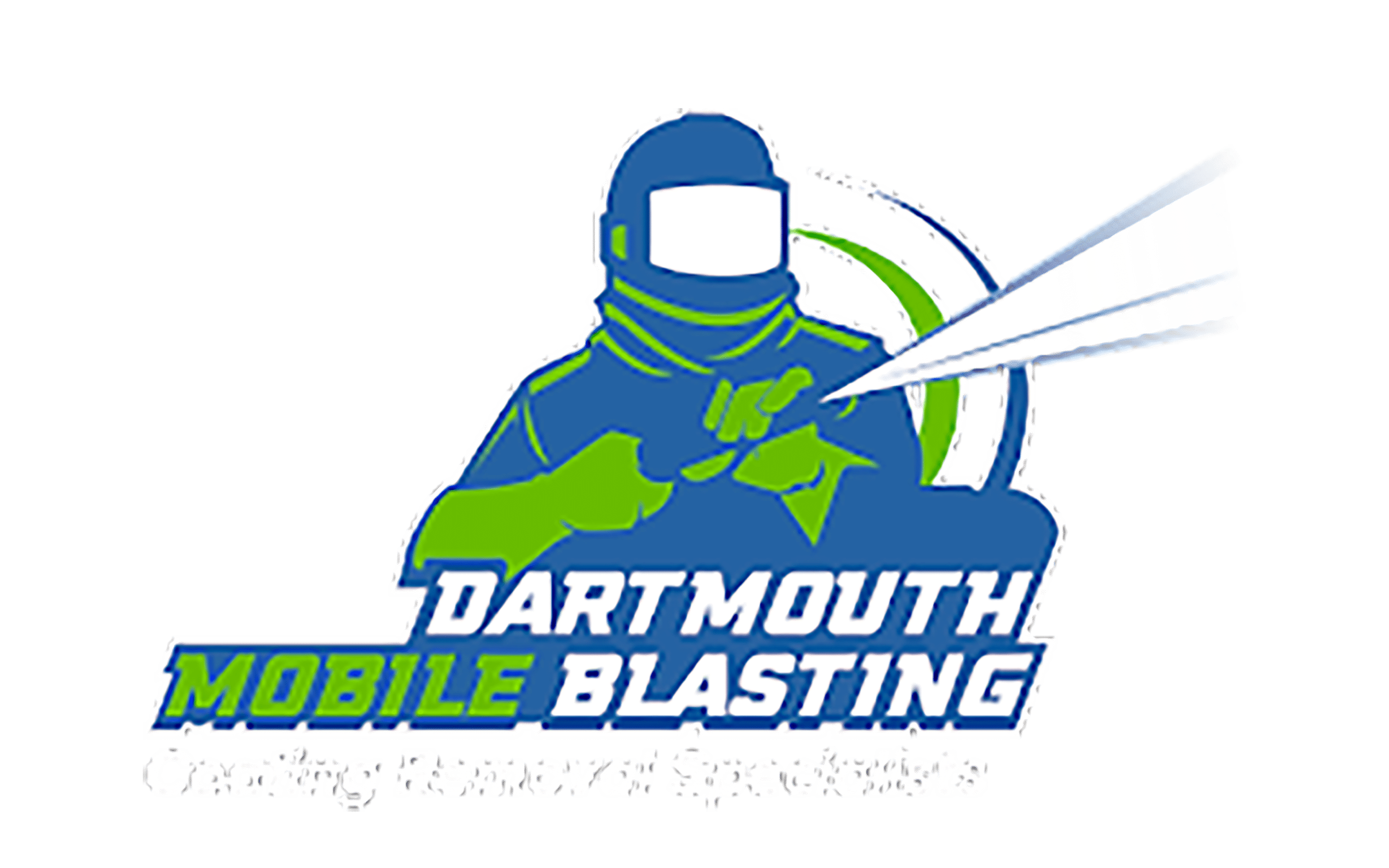 Dartmouth Mobile Blasting logo featuring a worker in safety gear using a blasting tool, emphasizing mobile sandblasting and coating removal services.